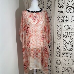 Roberto Cavalli silk Peach Polka Dot ,and rose print Sheer Tunic with Black Trim